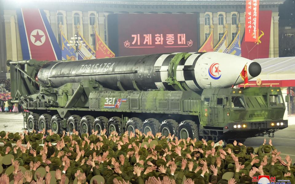 A missile is displayed during a military parade to mark the 75th founding anniversary of North Korea's army - Reuters