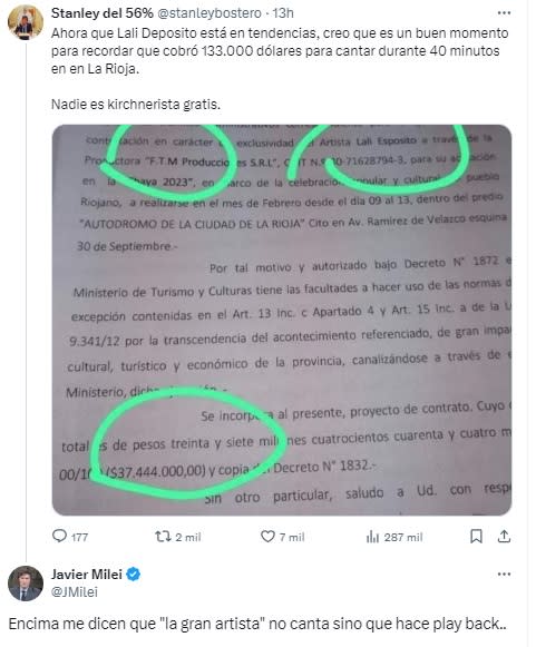 Tuit contra Lali Espósito republicado por Javier Milei