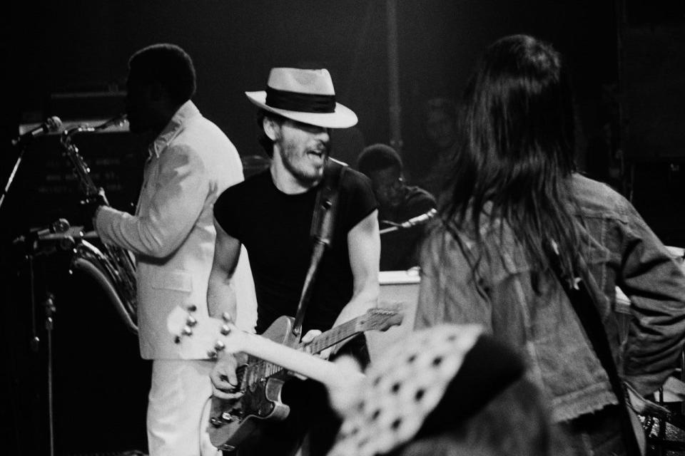 Bruce Springsteen and the E Street Band, May 9, 1974 at the Harvard Square Theatre in Cambridge, Mass. Left to right , Clarence Clemons, Bruce Springsteen, David Sancious and Garry Tallent.