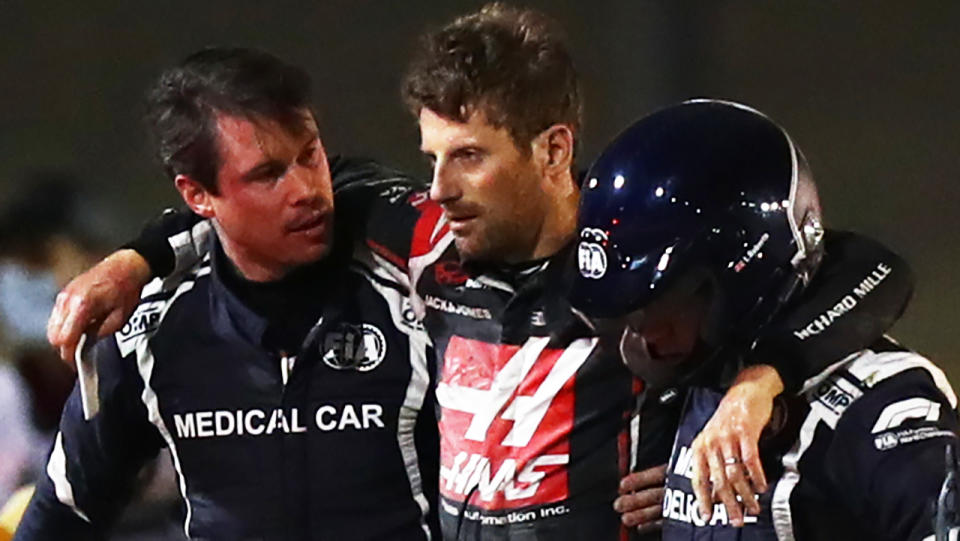 F1 driver Romain Grosjean has paid tribute to the personnel in the medical car who helped him escape the flaming wreckage of his Haas after his Bahrain GP crash. (Photo by Dan Istitene - Formula 1/Formula 1 via Getty Images)