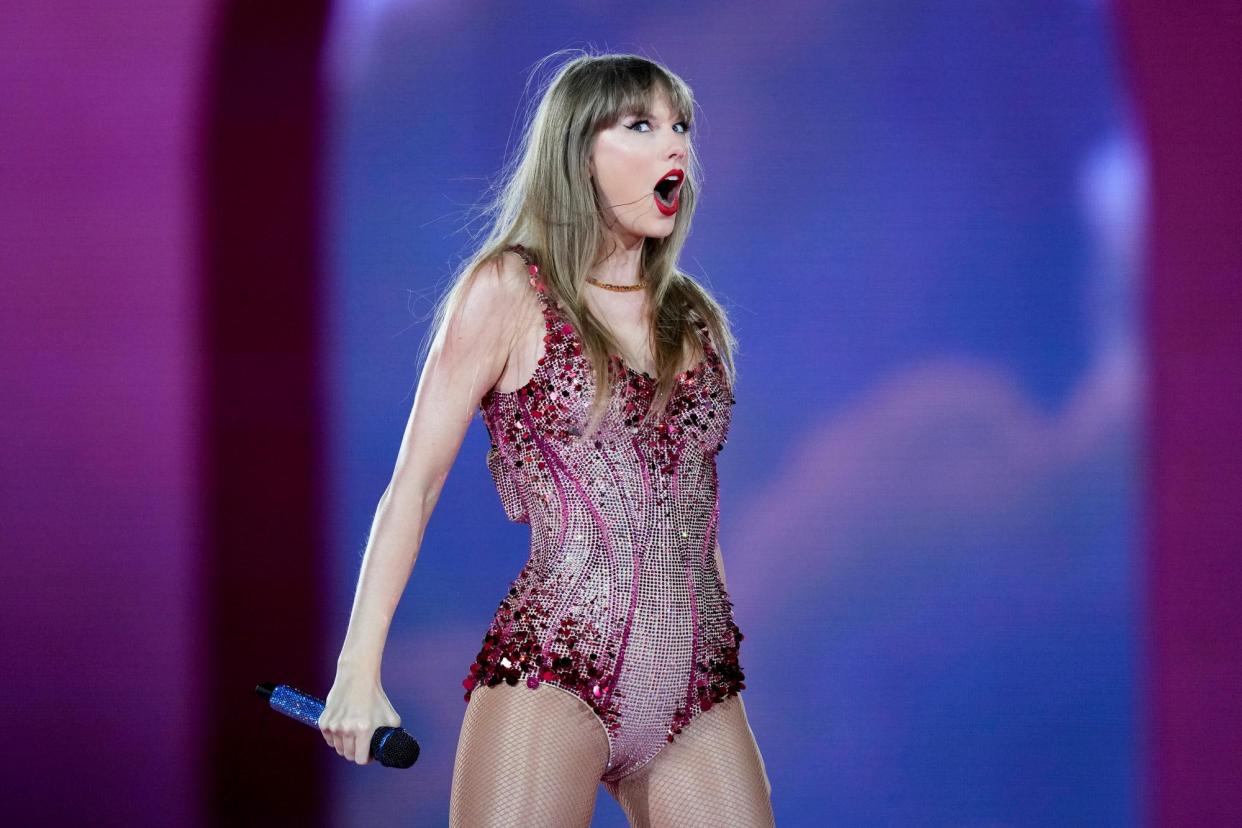 <span>Taylor Swift performs in Buenos Aires, Argentina, during her Eras tour concert on 9 November 2023.</span><span>Photograph: Natacha Pisarenko/AP</span>