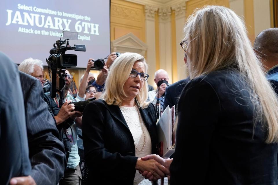 Vice chair Rep. Liz Cheney, R-Wyo., greets Erin Smith, widow of U.S. Capitol Police officer Jeffrey Smith, as the House select committee investigates the Jan. 6 attack on the U.S. Capitol (AP)