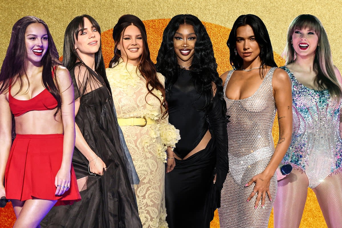 L-R: Grammy 2024 nominees Olivia Rodrigo, Billie Eilish, Lana Del Rey, SZA, Dua Lipa and Taylor Swift (Getty)