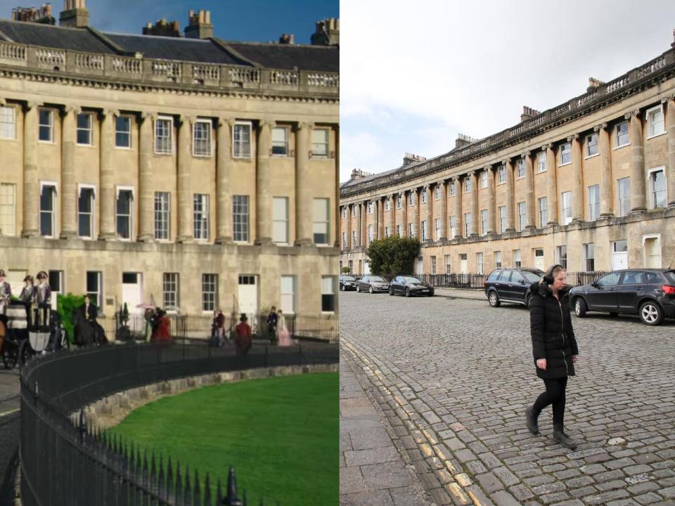 The royal crescent in Bath shown in "Bridgerton" with actors and horses out on the street (left) and in real life with cars and pedestrians on the street.