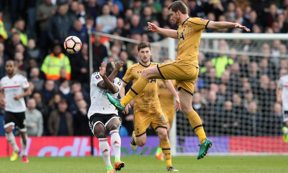 Tottenham’s Jan Vertonghen clears the ball as as Neeskens Kebano of Fulham takes evasive action during the FA Cup tie.