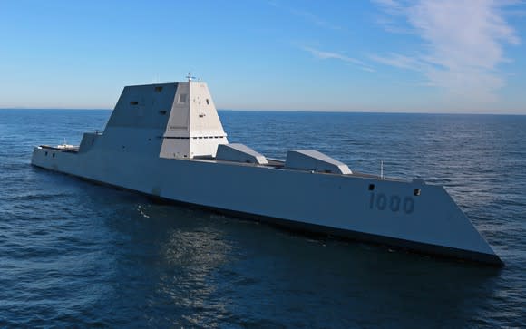 The USS Zumwalt at sea.