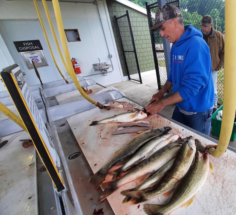 There are public fish cleaning stations in Erie that are maintained by the Pennsylvania Fish and Commission. Here Keith Eshbaugh filets the day's catch of walleye at the Walnut Creek Marina.