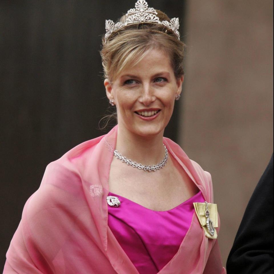 Duchess Sophie was dripping in diamonds in bridal tiara and hot pink wedding guest dress