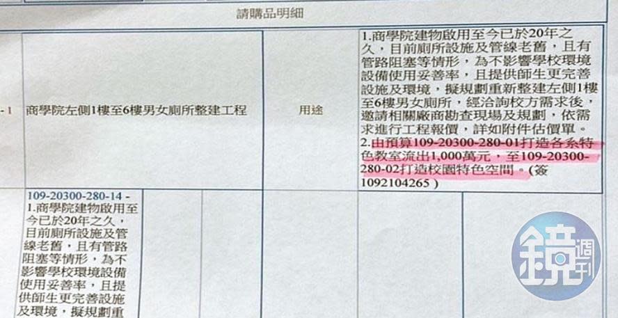 校方的請購單明確指出，挪用「打造特色教室」經費整建廁所。（讀者提供）