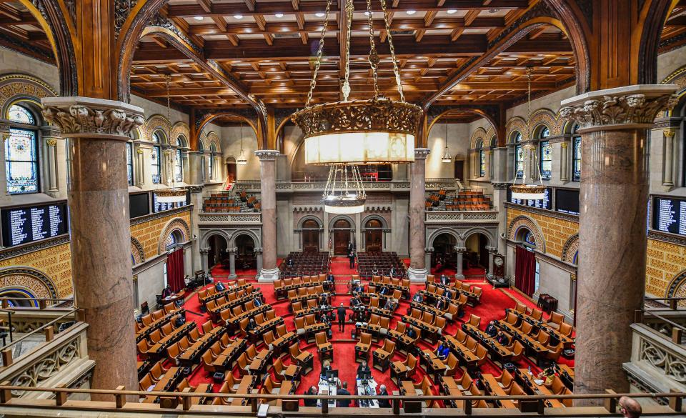 The New York state Assembly Chamber as members meet on the opening day of the 2021 legislative session at the state Capitol in Albany on Jan. 6, 2021.