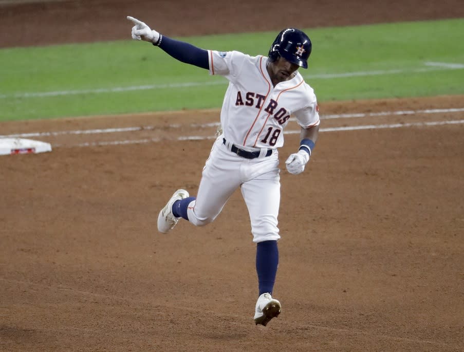 Tony Kemp celebrates surprising home run that gave Astros lead with in ALCS Game 4. (AP)