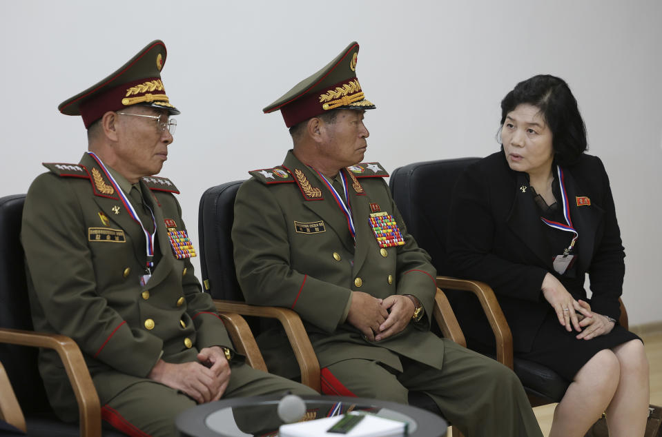 From left, North Korean Defence Minister Kang Sun-nam, Marshal Pak Jong-chon and Foreign Minister Choe Son-hui attend a meeting of Russian President Vladimir Putin and North Korea's leader Kim Jong Un at the Vostochny cosmodrome outside the city of Tsiolkovsky, about 200 kilometers (125 miles) from the city of Blagoveshchensk in the far eastern Amur region, Russia, on Wednesday, Sept. 13, 2023. (Vladimir Smirnov, Sputnik, Kremlin Pool Photo via AP)