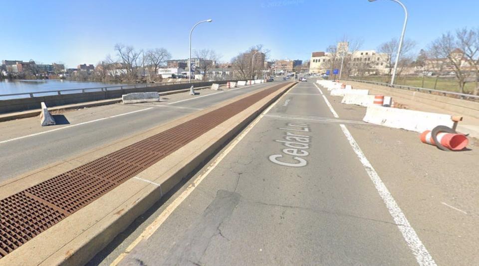 Looking west from Teaneck to Hackensack, the outer lanes of the East Anderson Street/Cedar Lane bridge were closed to traffic in 2012, and a 15-ton weight limiit was imposed.