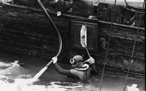 The Mary Rose raising. A diver helping to pump water from the hull - Credit: The Times