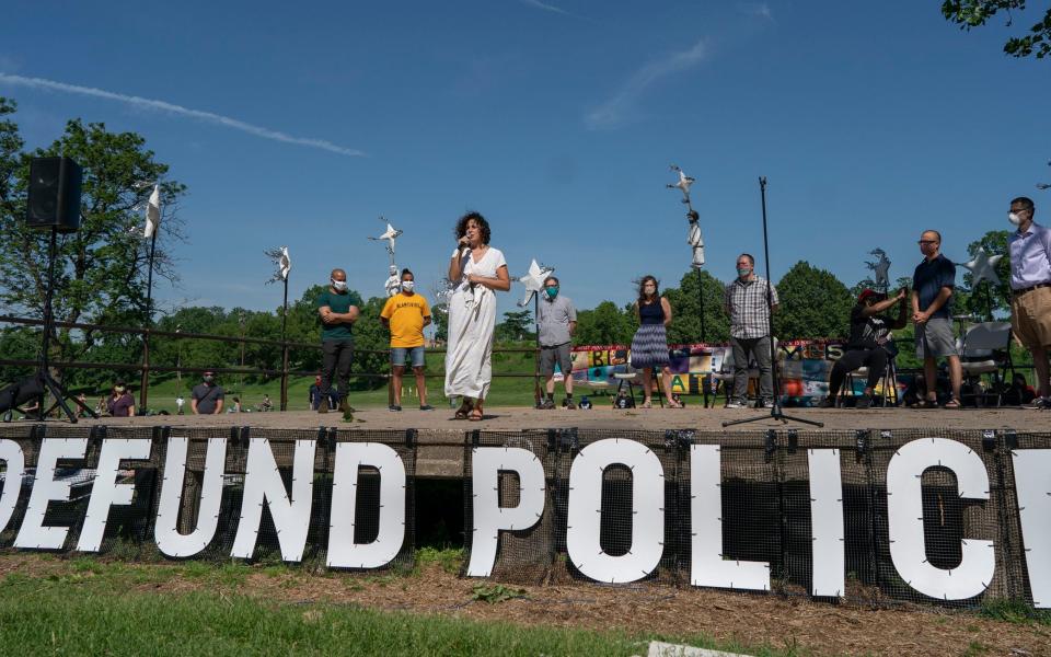 Alondra Cano, a City Council member, speaks during "The Path Forward" meeting at Powderhorn Park in Minneapolis. - AP
