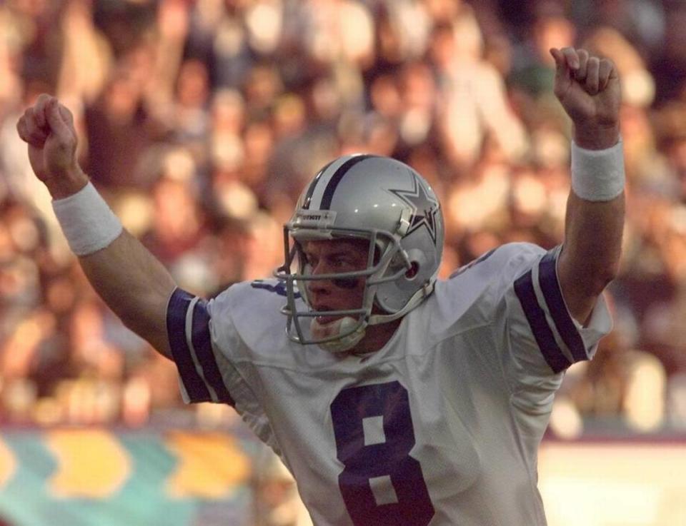 Dallas quarterback Troy Aikman celebrates a first quarter touchdown during the Cowboys’ Super Bowl XXX against the Pittsburgh.