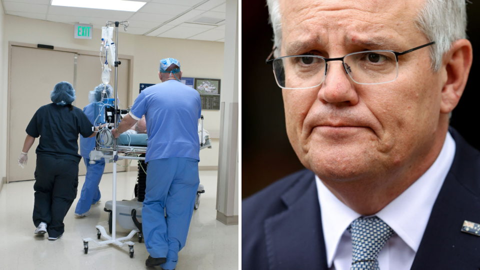 Staff at hospital wheel person into surgery, Prime Minister Scott Morrison.