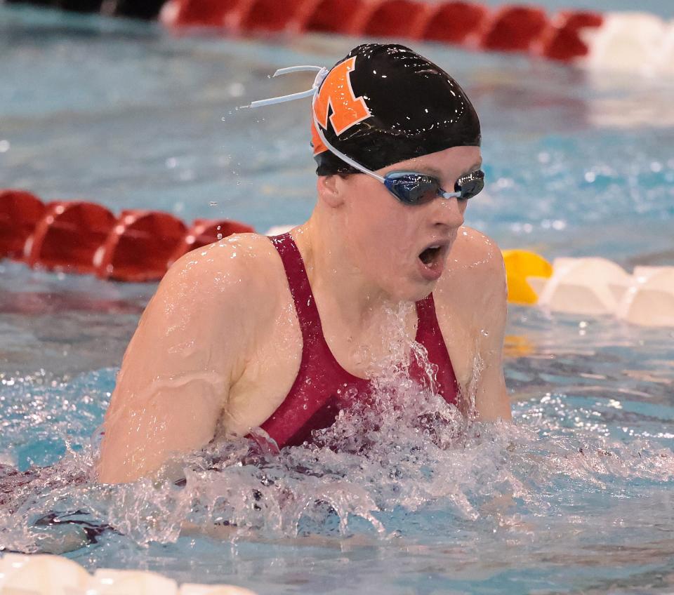 Marlington's Claire Cox swims the 100-yard breaststroke at the OHSAA Division II state meet at C.T. Branin Natatorium, Friday, Feb. 24, 2023.