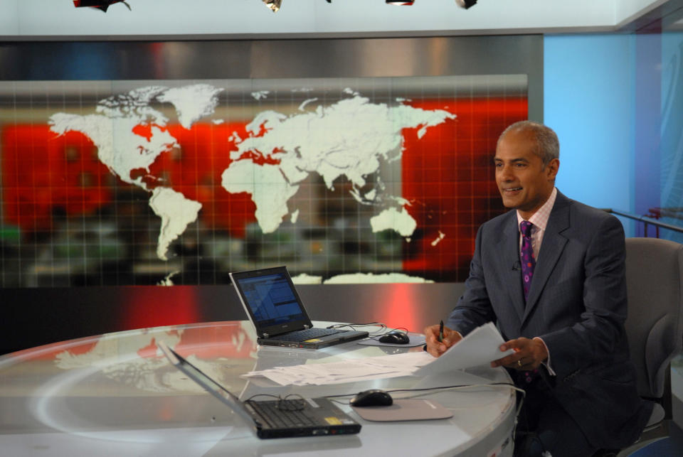 Presenter and newsreader George Alagiah in the BBC World News studio, 01/07/2008 (Photo by Jeff Overs/BBC News & Current Affairs via Getty Images)