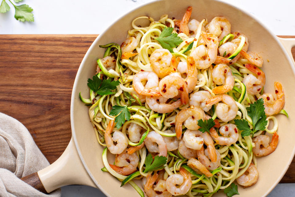 Meal kit in a pan with shrimp and noodles