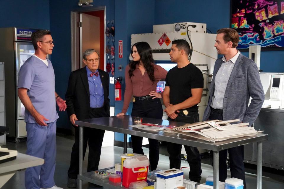 Brian Dietzen as Jimmy Palmer, David McCallum as Dr. Donald Duck Mallard, Katrina Law as NCIS Special Agent Jessica Knight, Wilmer Valderrama as Special Agent Nicholas Nick Torres and Sean Murray as Special Agent Timothy McGee, NCIS