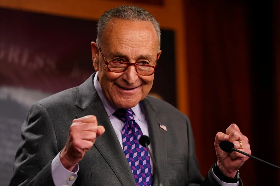 U.S. Senate Majority Leader Chuck Schumer (D-NY) speaks to reporters following the Senate Democrats weekly policy lunch at the U.S. Capitol in Washington, U.S., July 19, 2022. REUTERS/Elizabeth Frantz