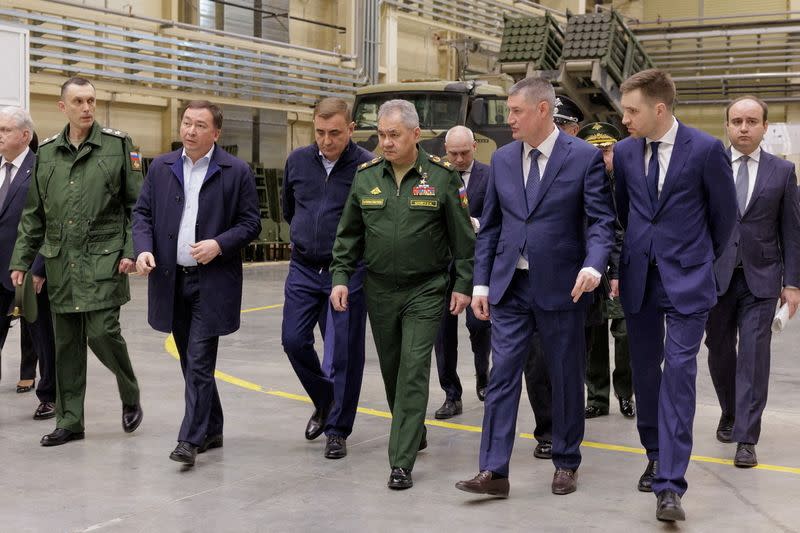 FILE PHOTO: Russian Defence Minister Sergei Shoigu visits a military-industrial complex facility in the Tula region