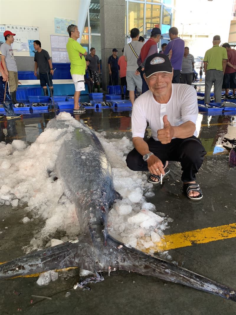 眾人合力搬運210公斤的大旗魚，船長陳永福都忍不住比讚笑開懷。(圖／記者王浩原攝影)