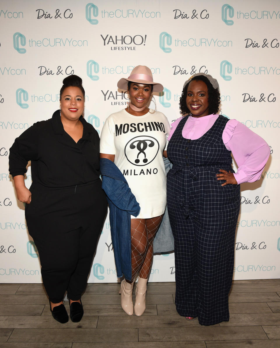 TheCurvyCon founders Ch<span>α</span>stity Garner Valentine, left, and CeCe Olisa, right, with model Precious Lee at the third annual event in 2017. (Photo: Bryan Bedder/Getty Images for Curvy Events, LLC)