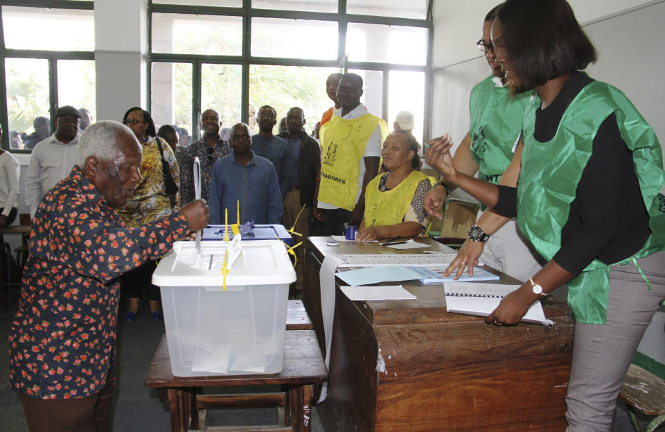 An elderly man casts his vote in Maputo, Tuesday, Oct. 15, 2019, in the country's presidential, parliamentary and provincial elections. Polling stations opened across the country with 13 million voters registered to cast ballots in elections seen as key to consolidating peace in the southern African nation. (AP Photo/Ferhat Momade)