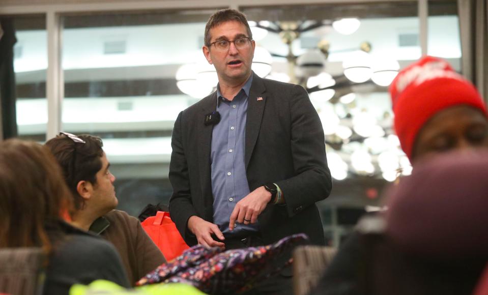 New Castle County Executive Matt Meyer speaks to volunteers staging at the Hope Center near New Castle before departing on a count of people experience homelessness as part of an annual 'point-in-time' calculation, Wednesday, Jan. 24, 2024.