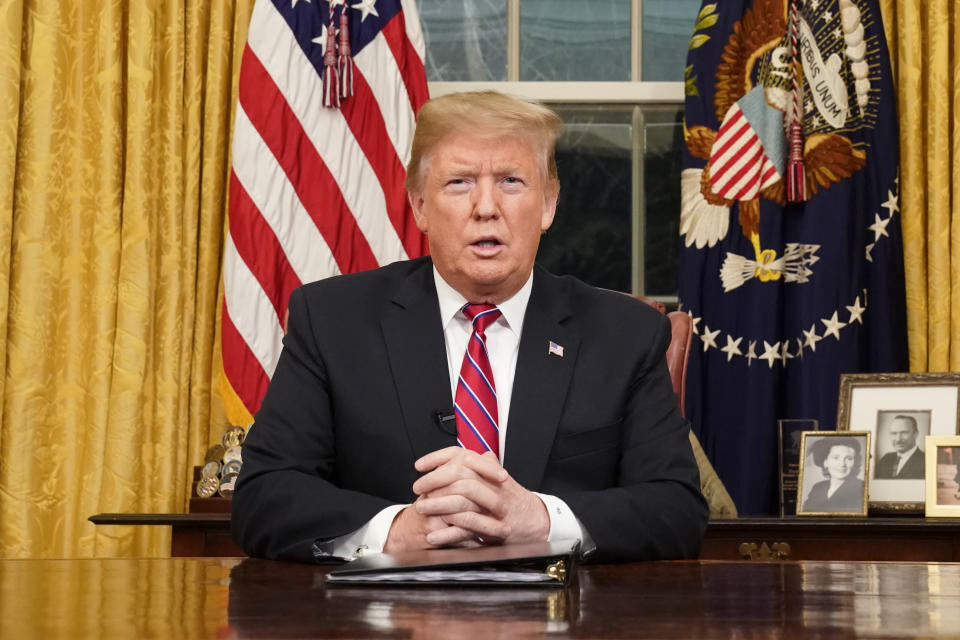 <p> President Donald Trump speaks from the Oval Office of the White House as he gives a prime-time address about border security Tuesday, Jan. 8, 2018, in Washington. (Carlos Barria/Pool Photo via AP) </p>