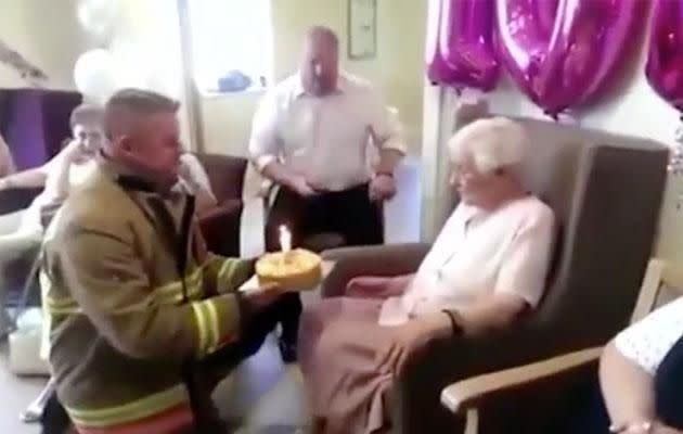 Ivy Smailes ordered sexy firemen for her 105th birthday. Photo: YouTube/McLol01