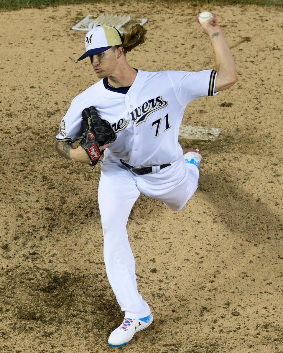 Milwaukee Brewers reliever Josh Hader throws during the eighth inning of the MLB All-Star Game Thursday night in Washington, D.C.