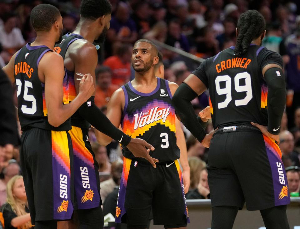 Apr 17, 2022; Phoenix, Arizona, U.S.;  Phoenix Suns guard Chris Paul (3) talks to his teammates during Game 1 of the Western Conference playoffs against the New Orleans Pelicans.