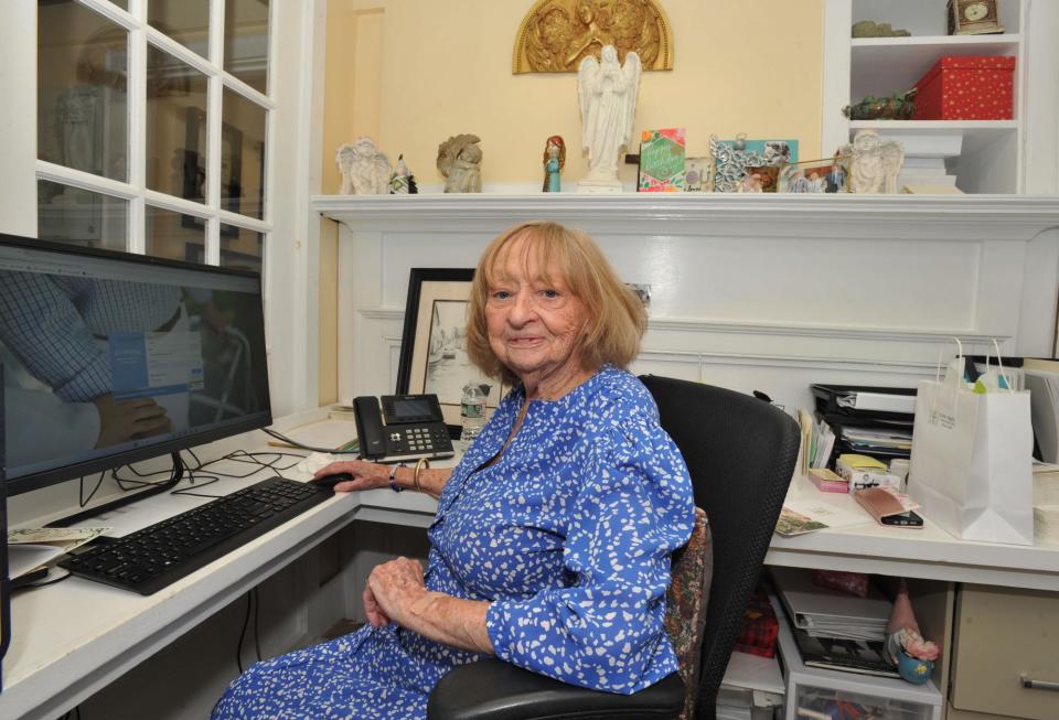 Kate O'Sullivan, 86, of Hingham, works in her office at Celtic Angels Home Health Care in Weymouth.