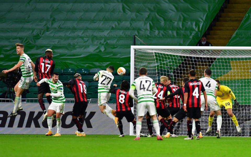 Mohamed Elyounoussi (C-27) of Celtic Glasgow scores during the UEFA Europa League group H soccer match between Celtic Glasgow and AC Milan - Mark Runnacles/POOL/EPA-EFE/Shutterstock