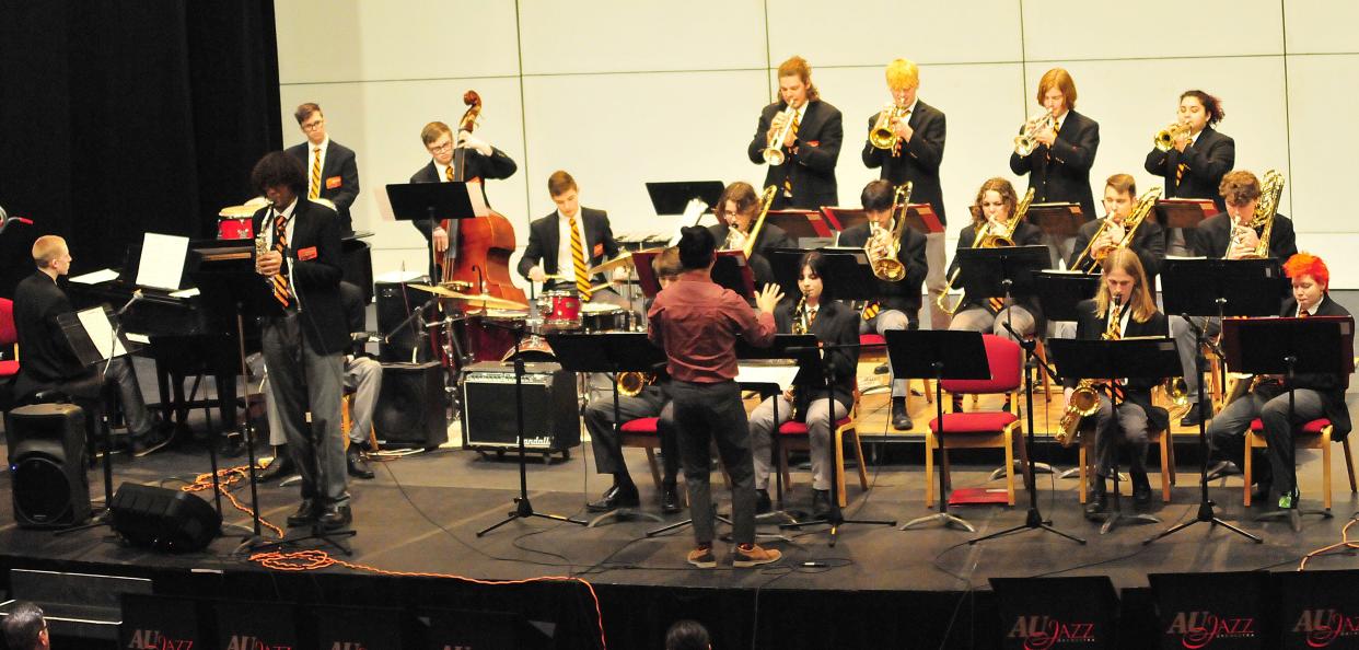 Ashland High School’s Jazz Band A performs during the Maplerock Jazz Festival Friday, March 17, 2023 at Ashland University’s Hugo Young Theatre.