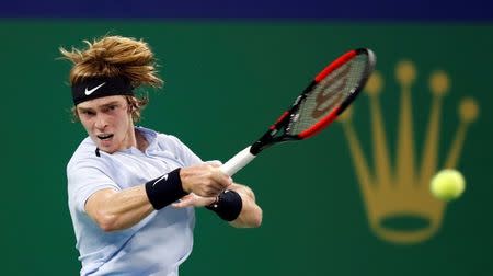 FILE PHOTO: Tennis - Shanghai Masters tennis tournament - Shanghai, China - October 10, 2017 - Andrey Rublev of Russia in action against Juan Martin del Potro of Argentina. REUTERS/Aly Song