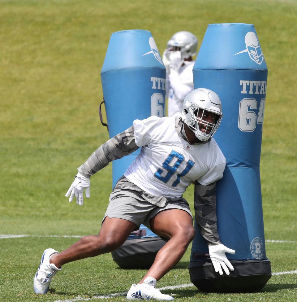 Lions defensive end Levi Onwuzurike goes through drills during OTAs on Thursday, June 2, 2022, in Allen Park.