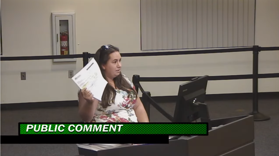 Moms for Liberty member Katie Delaney criticizes an agenda item to purchase tickets to Conscious Discipline Institute, a summer program teaching social and emotional learning techniques, at a Jan. 18 Brevard County School Board meeting.