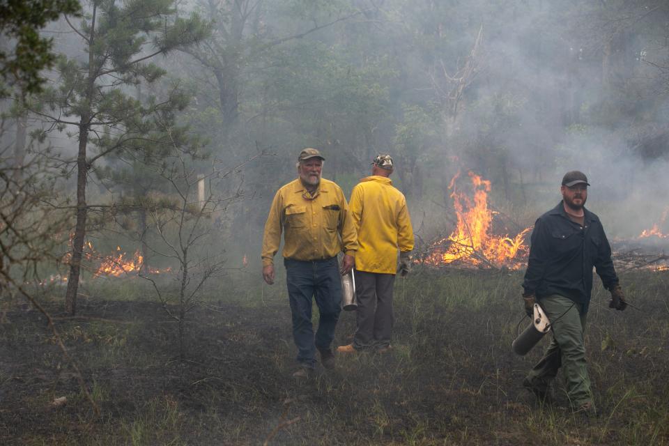 First responders including firefighters of the New Jersey State Forest Fire Service battle a fire in the northern area of Wharton State Forest.  Shamong, NJTuesday, June 21, 2022