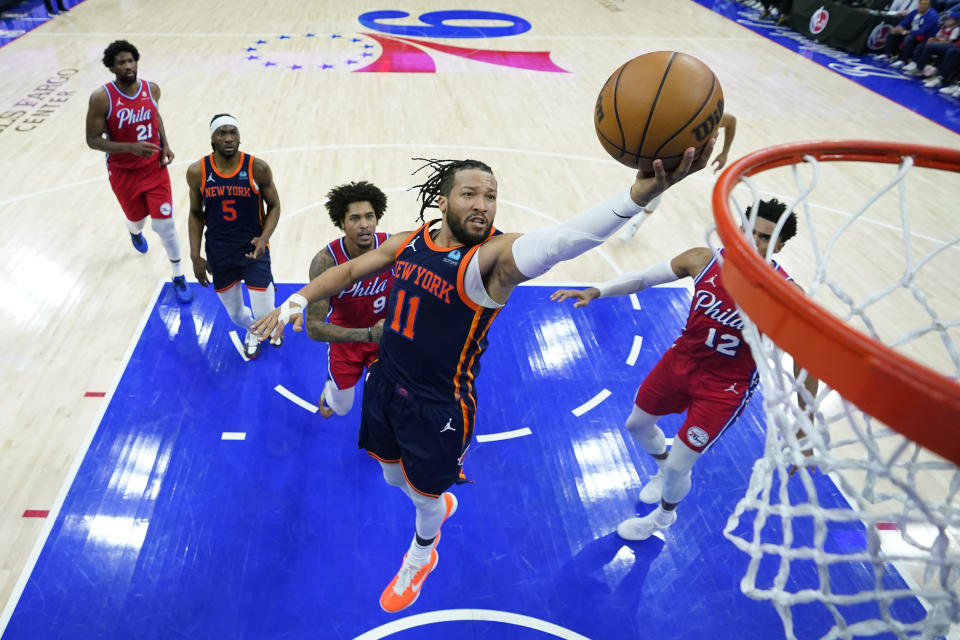 New York Knicks' Jalen Brunson goes up for a shot during the second half of Game 4 in an NBA basketball first-round playoff series against the Philadelphia 76ers, Sunday, April 28, 2024, in Philadelphia. (AP Photo/Matt Slocum)