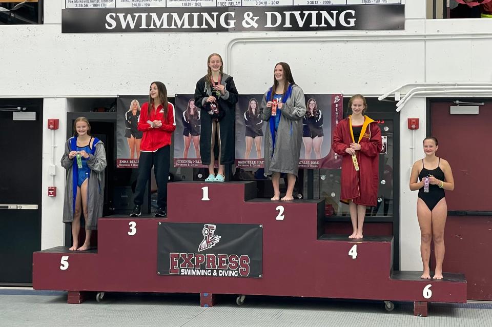 Corning's Brooke Terwilliger, top center, set an Ernie Davis Academy pool record in winning the 1-meter diving competition Oct. 14, 2022 as part of the Elmira Girls Swimming and Diving Invitational.