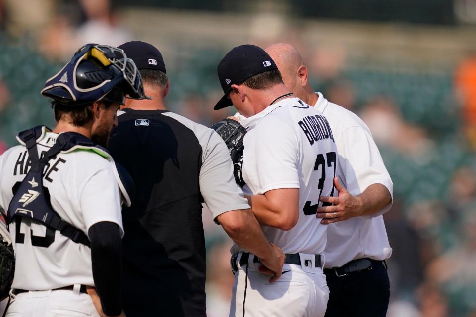 Detroit Tigers relief pitcher Beau Burrows (37) walks off the mound during the fifth inning of a baseball game against the Detroit Tigers, Saturday, June 12, 2021, in Detroit.