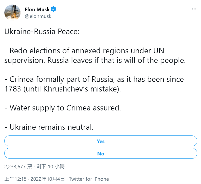 馬斯克針「烏俄戰爭」提出和平提案，並對於推特辦投票。（翻攝自馬斯克推特）