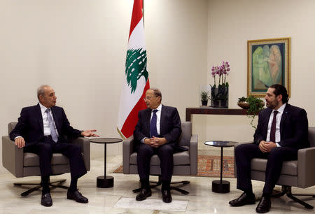 Lebanese Parliament Speaker Nabih Berri, Lebanon's President Michel Aoun and Prime Minister-designate Saad al-Hariri meet ahead of a new government announcement at the presidential palace in Baabda, Lebanon January 31, 2019. REUTERS/Mohamed Azakir