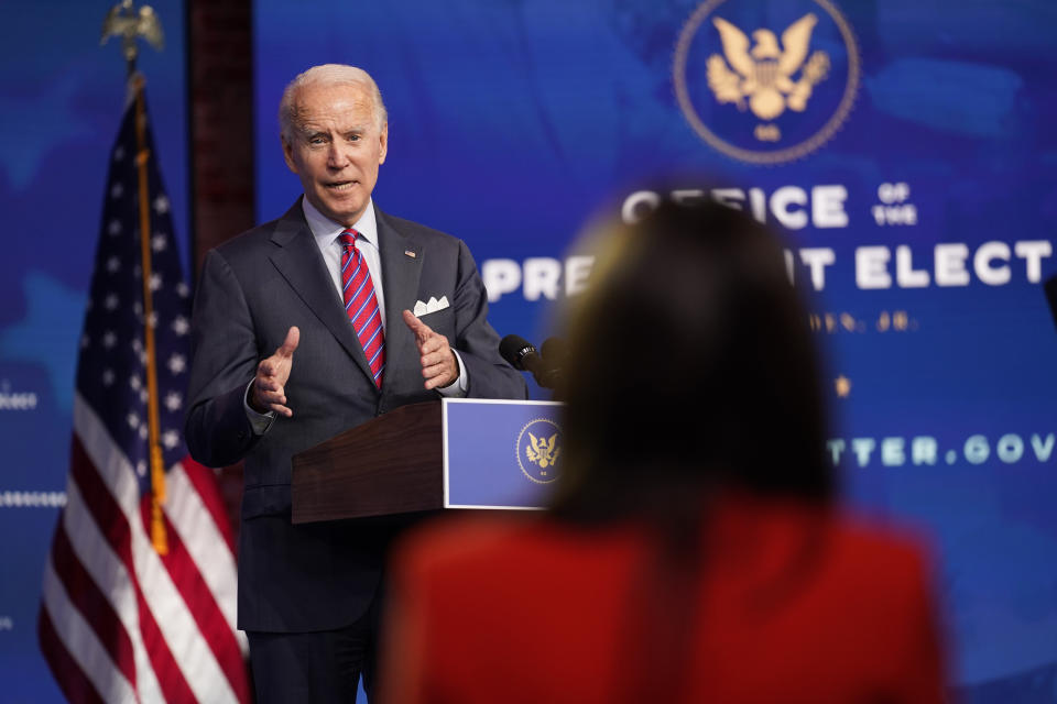 President-elect Joe Biden speaks about jobs at The Queen theater, Friday, Dec. 4, 2020, in Wilmington, Del. (AP Photo/Andrew Harnik)