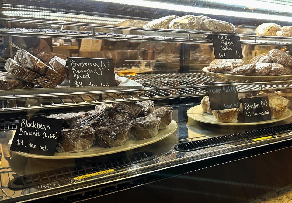 Bakery items for sale at Le Testimony Organic Bistro in Redding include a black bean brownie, blueberry banana bread and cookie varieties.