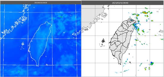 左圖：16日4：30紅外線色調強化雲圖顯示，台灣上空雲層稀疏。